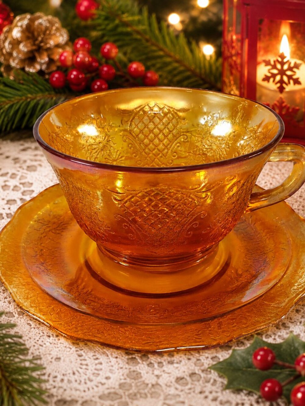 Vintage Carnival Glass Teacup Saucer Orange Marigold Iridescent Floral Lattice